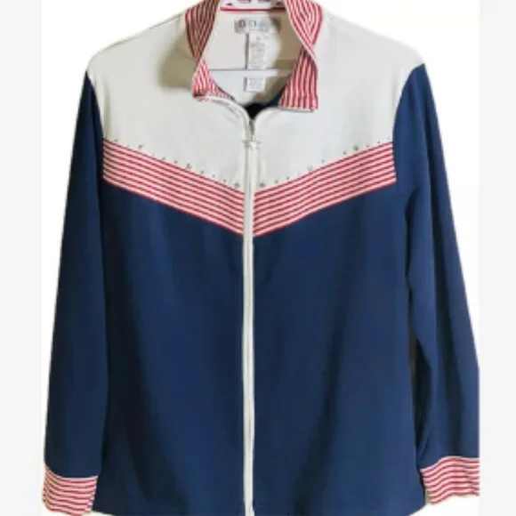 D&D Lifestyles Top Jacket Women Size LP Full Zip W/Pockets Rhinestones Patriotic - Picture 4 of 5